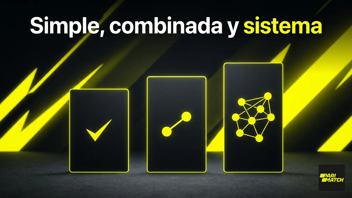 Tres tarjetas que comparan apuesta simple, combinada y de sistema en Parimatch Chile