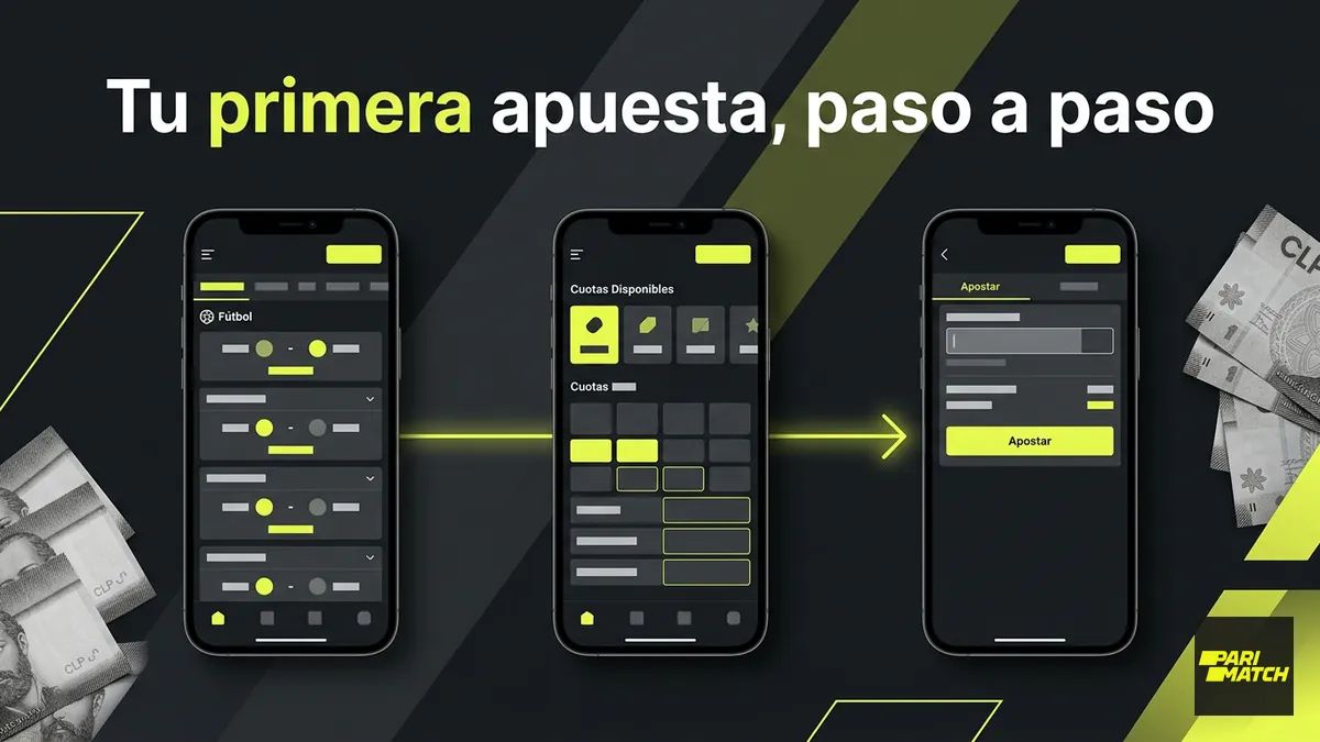Secuencia de pantallas para hacer tu primera apuesta en Parimatch Chile paso a paso