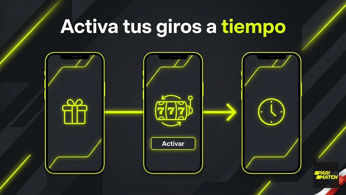 Tres pantallas de teléfono con los pasos para activar giros gratis y su duración en Parimatch Chile