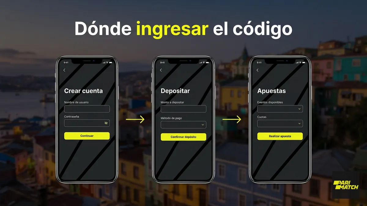 Pantallas del celular que muestran dónde ingresar el código promocional de Parimatch