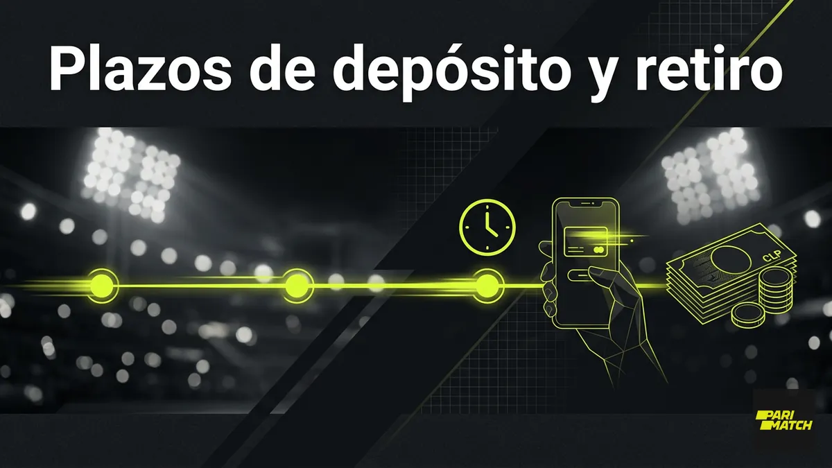 Línea de tiempo con reloj y billetes sobre los plazos de depósitos y retiros en Parimatch Chile