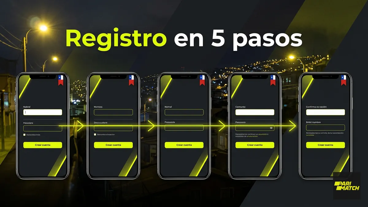 Secuencia de cinco pantallas para registrarse en Parimatch Chile